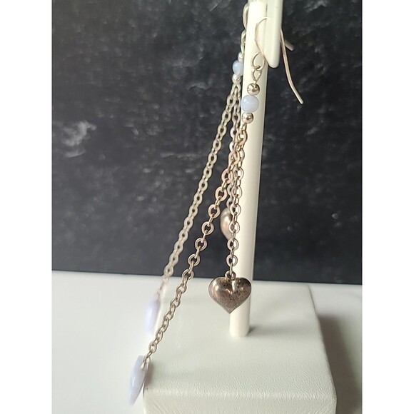 925 Sterling Silver Beaded Heart Lace Agate Dangling Pierced Earrings Vintage - Picture 4 of 10